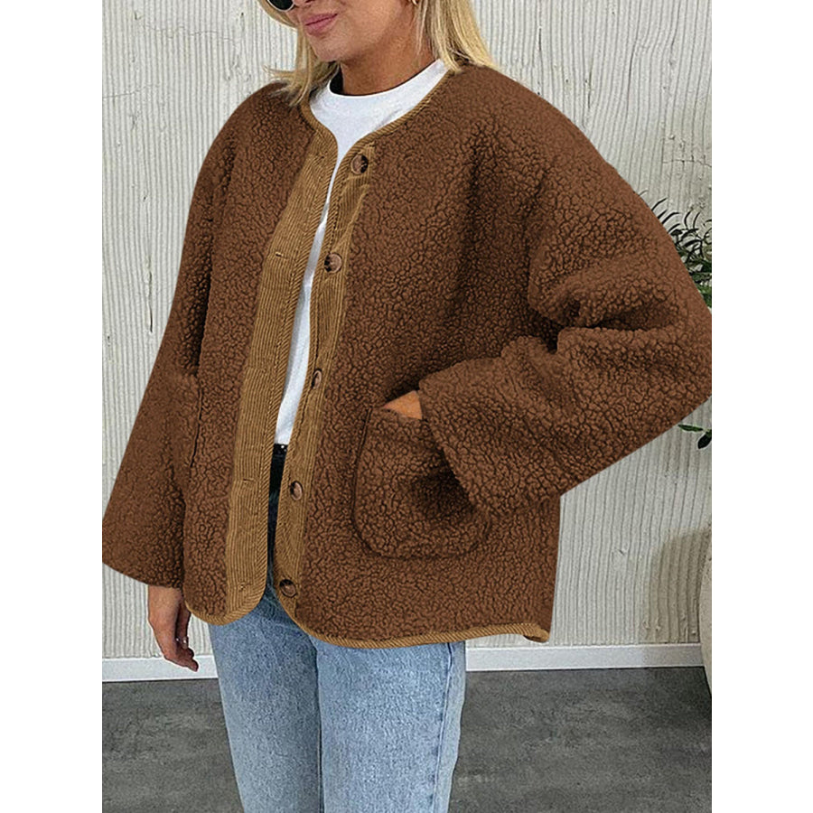 Contrast Button Up Sherpa Jacket with Pockets Apparel and Accessories