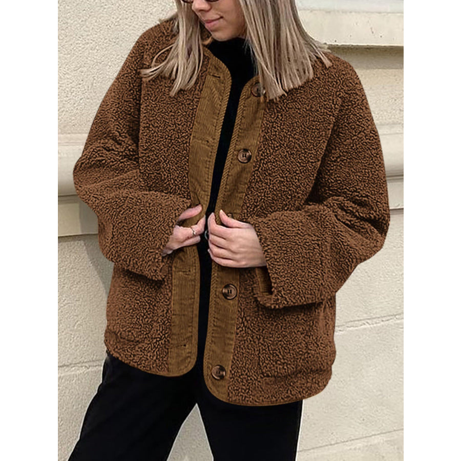 Contrast Button Up Sherpa Jacket with Pockets Apparel and Accessories