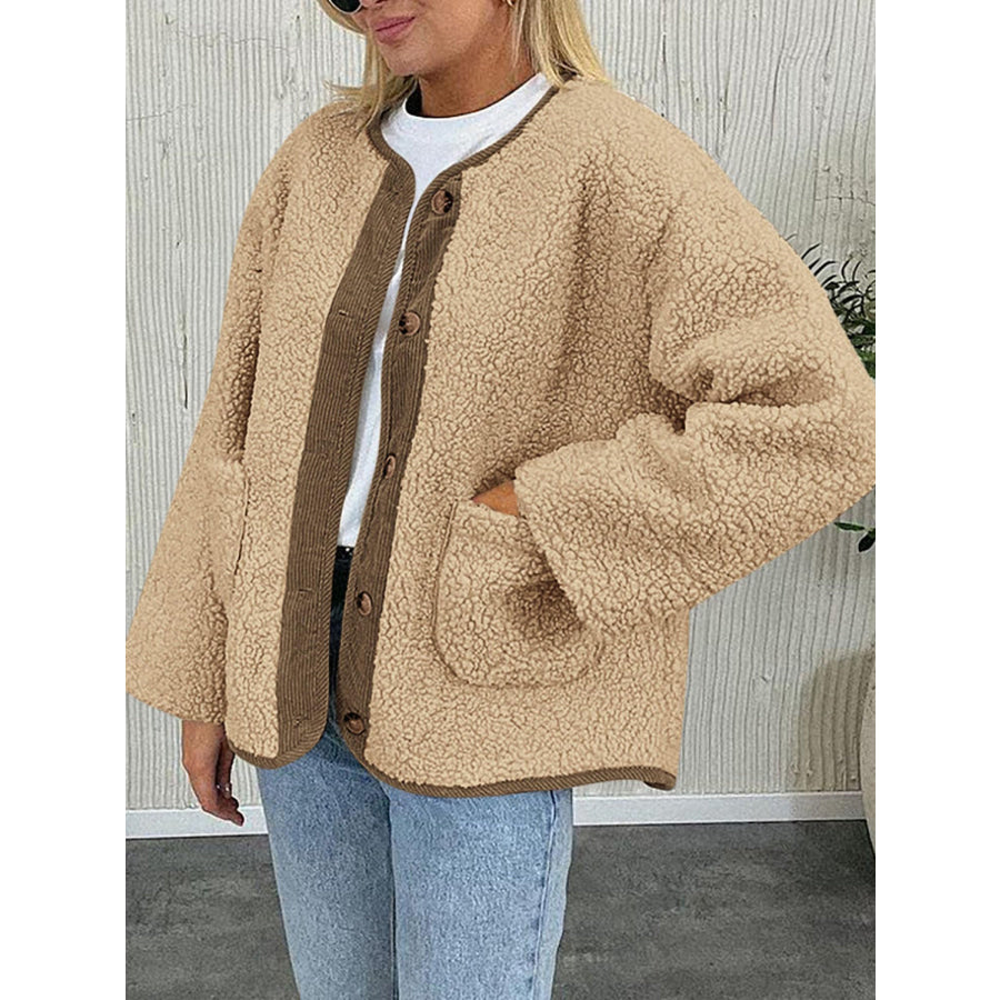 Contrast Button Up Sherpa Jacket with Pockets Apparel and Accessories