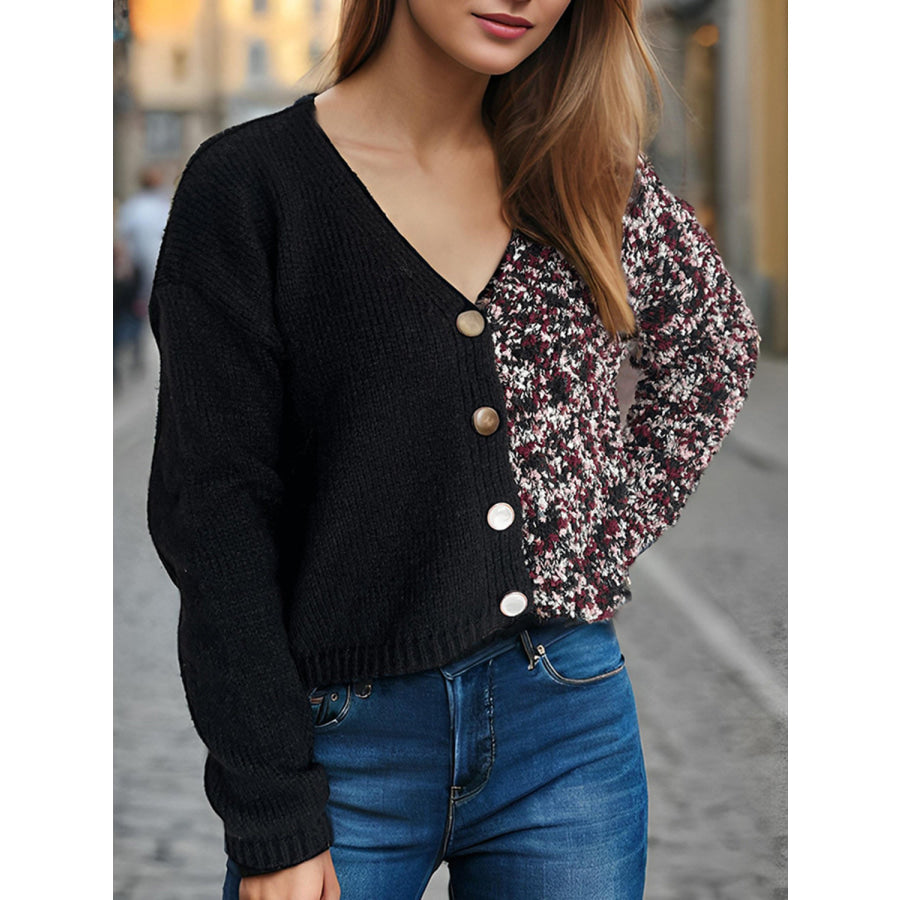 Contrast Button Up V-Neck Cropped Cardigan Black / One Size Apparel and Accessories