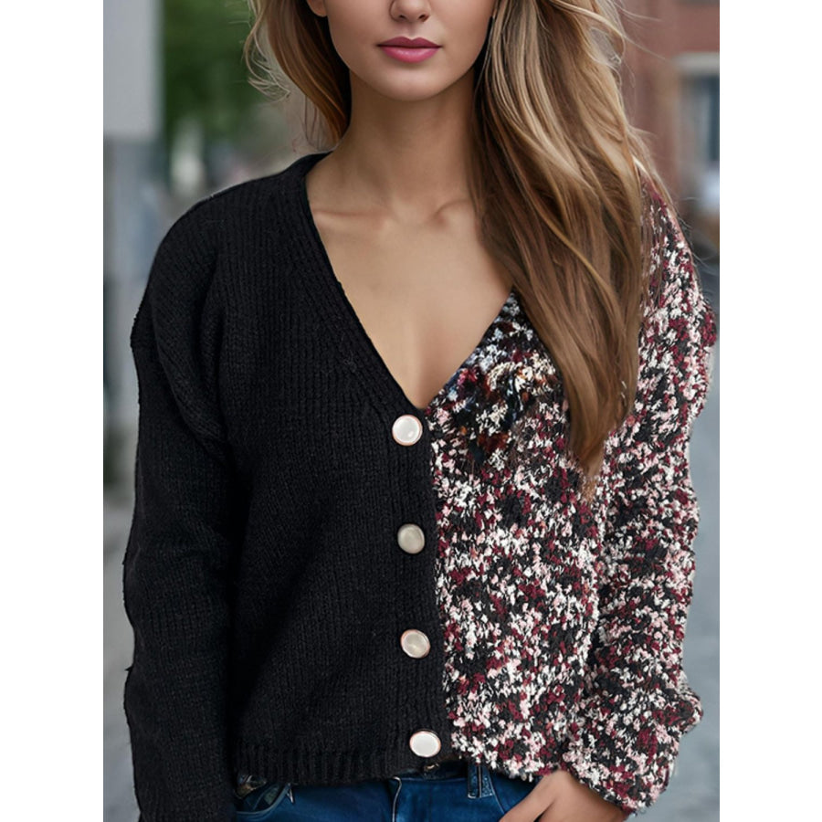 Contrast Button Up V-Neck Cropped Cardigan Apparel and Accessories