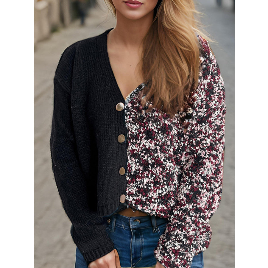 Contrast Button Up V-Neck Cropped Cardigan Apparel and Accessories