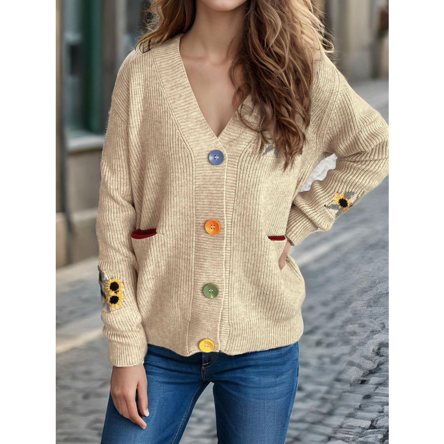 Contrast Button V-Neck Long Sleeve Cardigan Apparel and Accessories