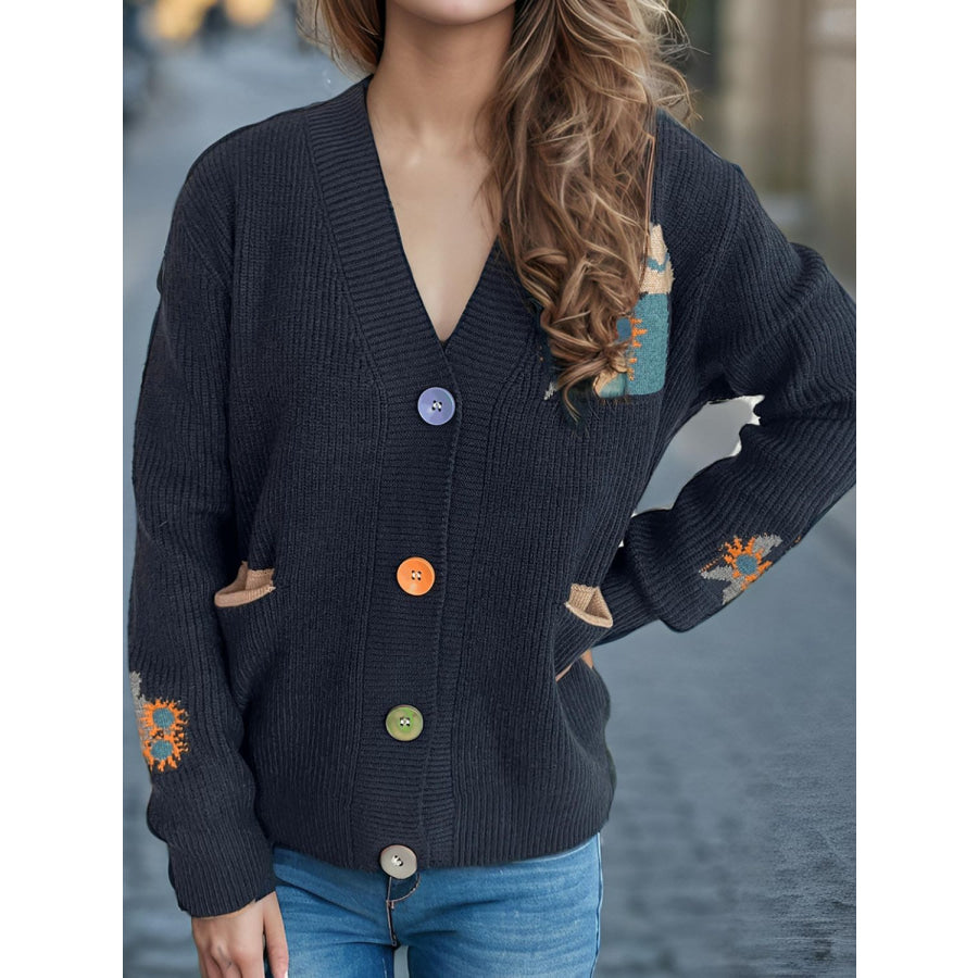 Contrast Button V-Neck Long Sleeve Cardigan Apparel and Accessories