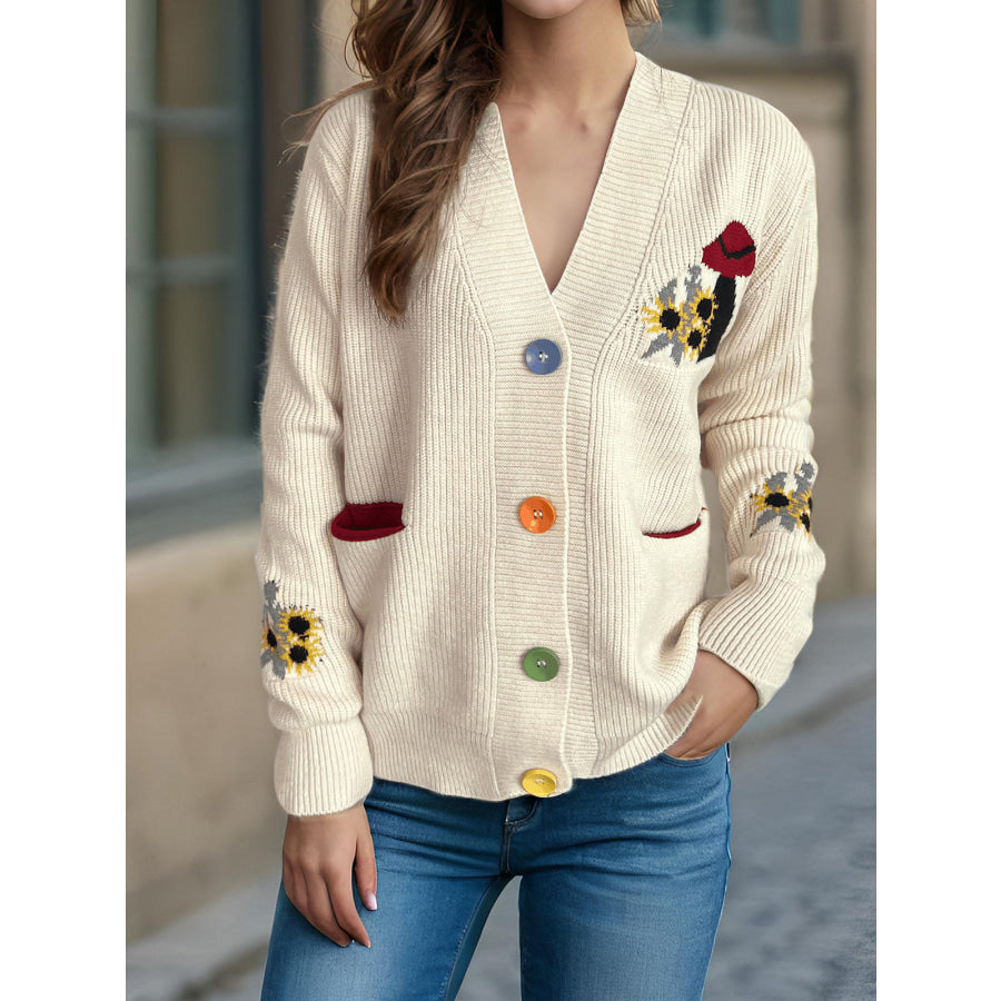 Contrast Button V-Neck Long Sleeve Cardigan Apparel and Accessories