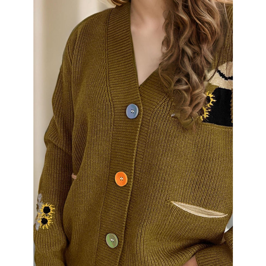 Contrast Button V-Neck Long Sleeve Cardigan Apparel and Accessories