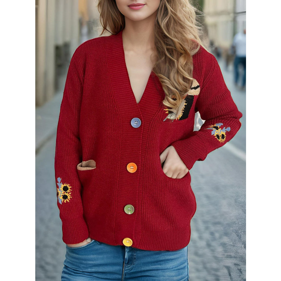 Contrast Button V-Neck Long Sleeve Cardigan Apparel and Accessories