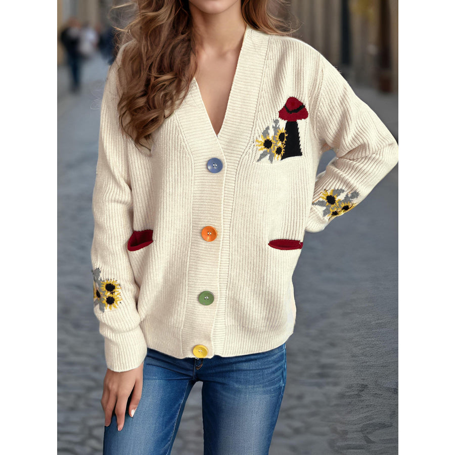 Contrast Button V-Neck Long Sleeve Cardigan Cream / One Size Apparel and Accessories