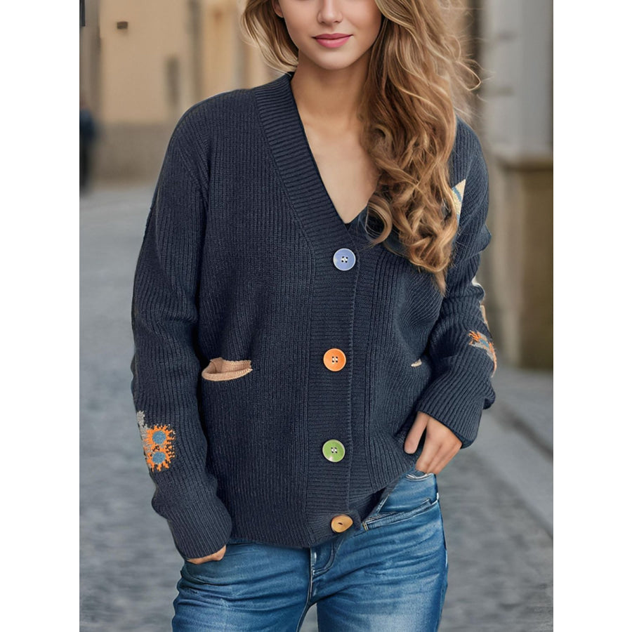 Contrast Button V-Neck Long Sleeve Cardigan Dark Blue / One Size Apparel and Accessories