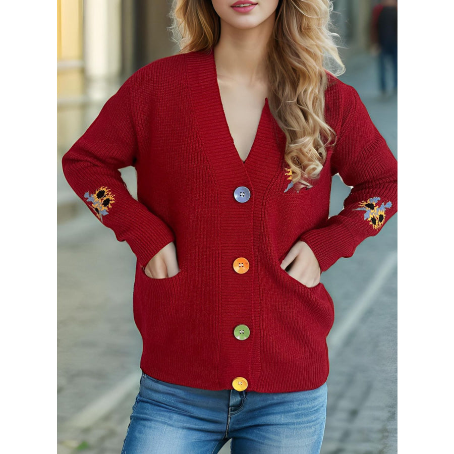 Contrast Button V-Neck Long Sleeve Cardigan Rust / One Size Apparel and Accessories