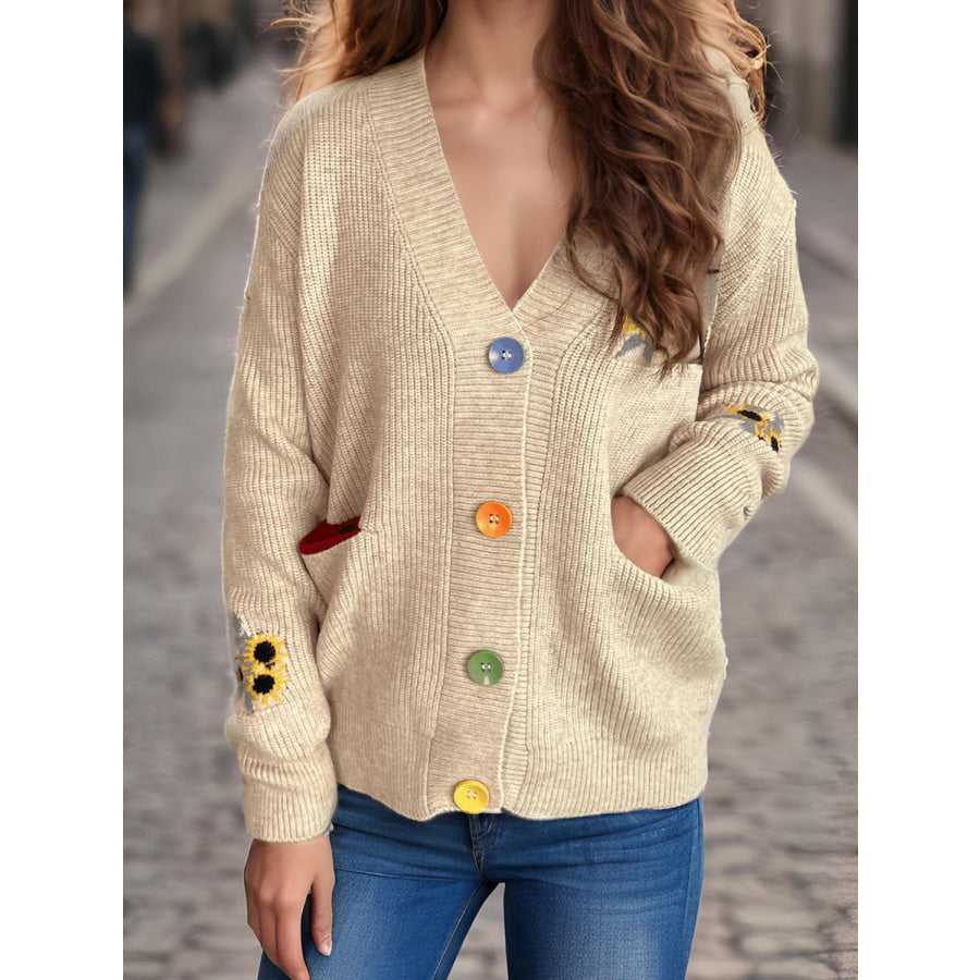 Contrast Button V-Neck Long Sleeve Cardigan Tan / One Size Apparel and Accessories