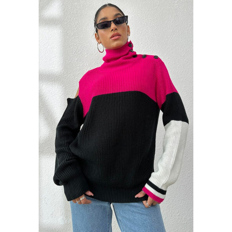 Contrast Buttoned Cutout Long Sleeve Sweater Black / S Clothing