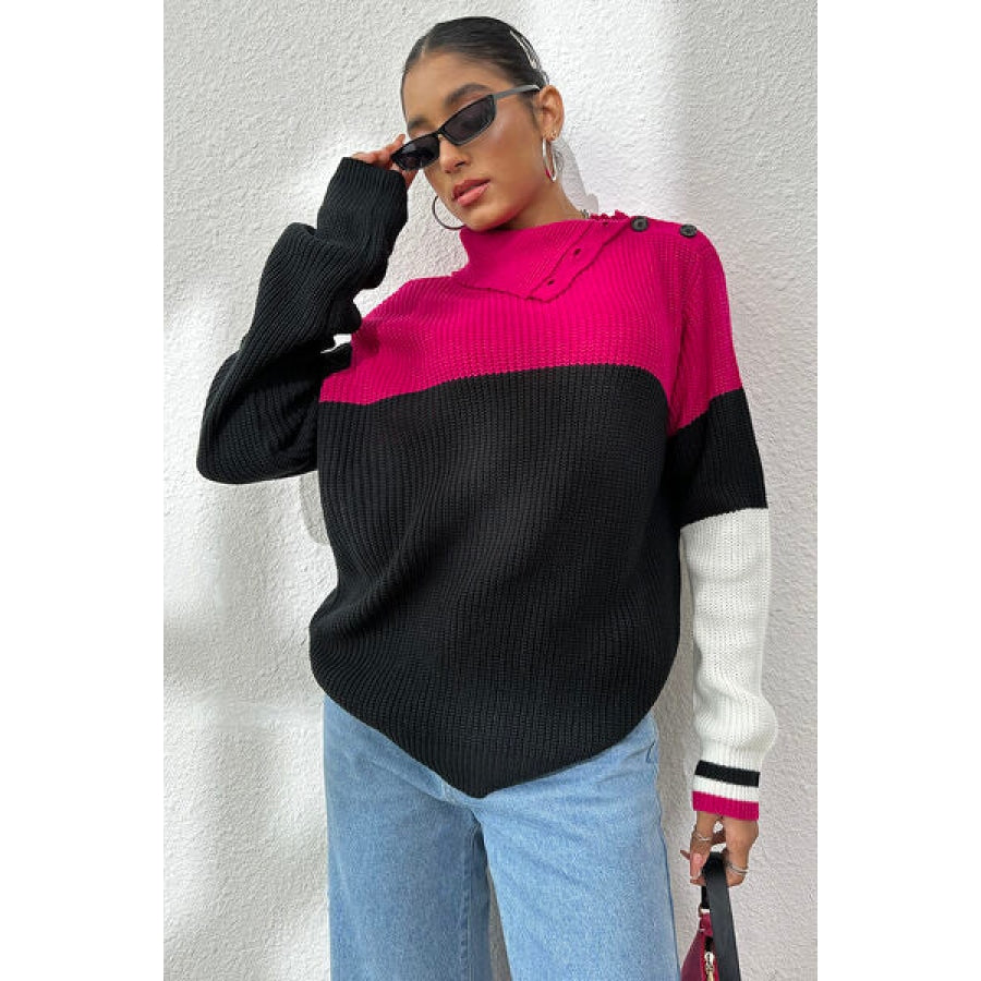 Contrast Buttoned Cutout Long Sleeve Sweater Clothing