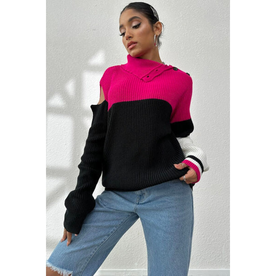 Contrast Buttoned Cutout Long Sleeve Sweater Clothing