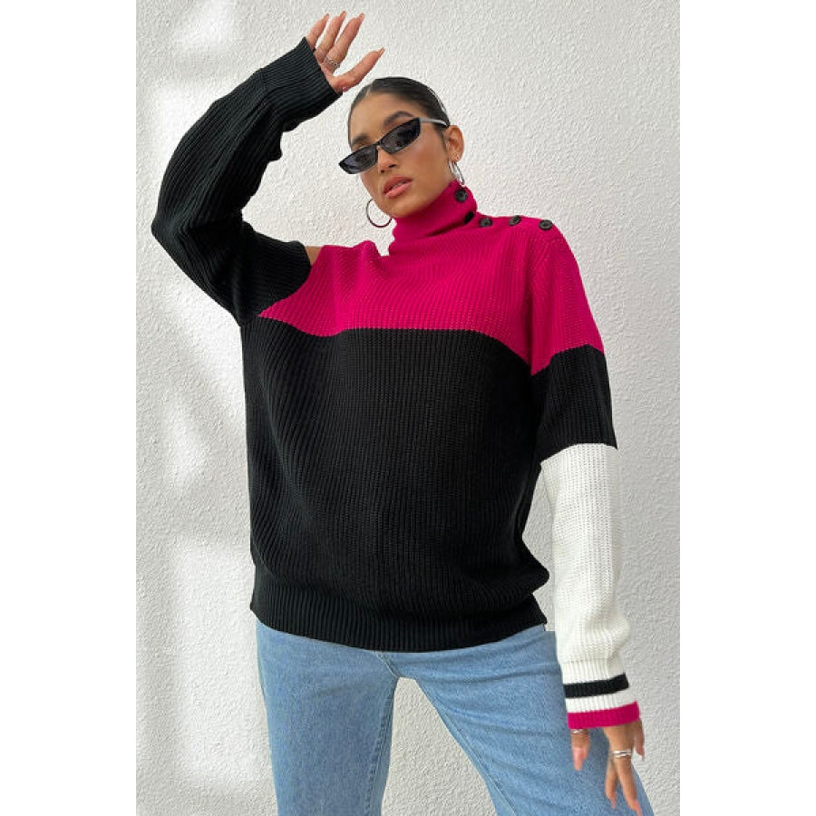 Contrast Buttoned Cutout Long Sleeve Sweater Clothing