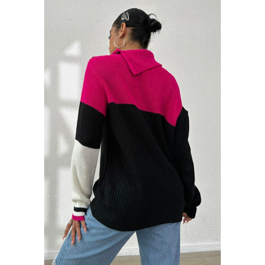 Contrast Buttoned Cutout Long Sleeve Sweater Clothing