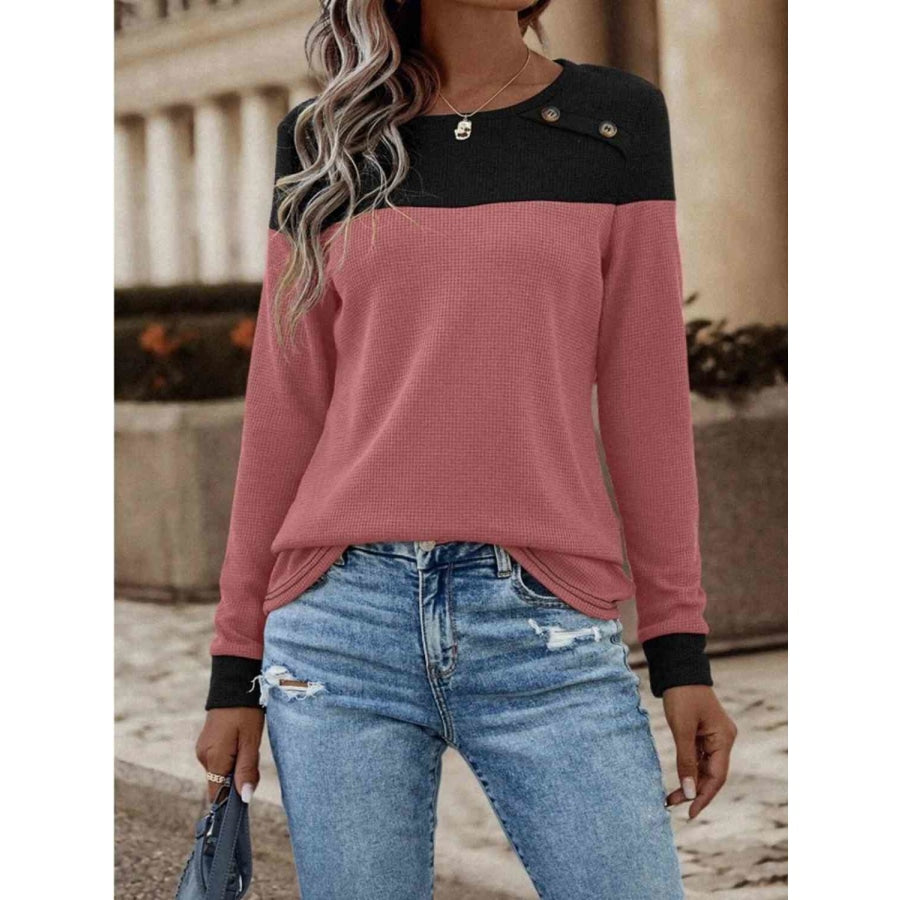 Contrast Buttoned Round Neck Long Sleeve T-Shirt Moonlit Mauve / S