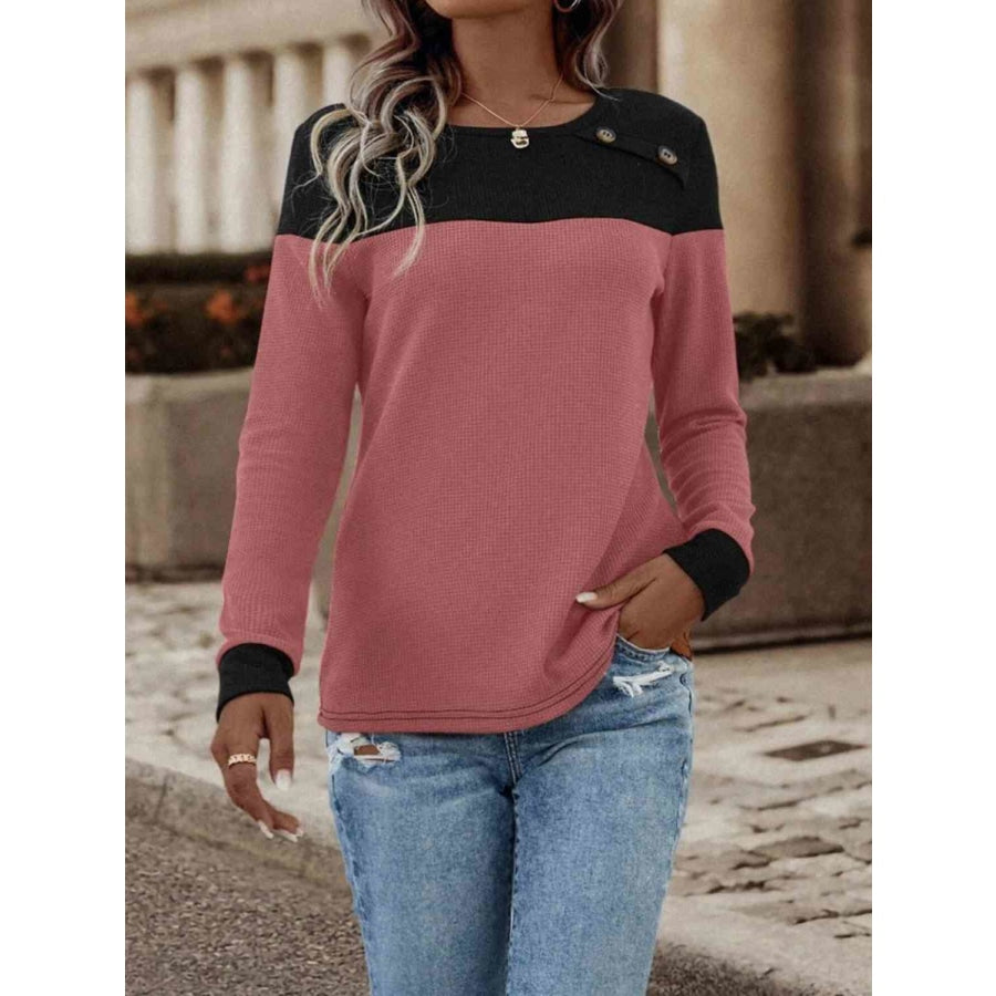 Contrast Buttoned Round Neck Long Sleeve T-Shirt