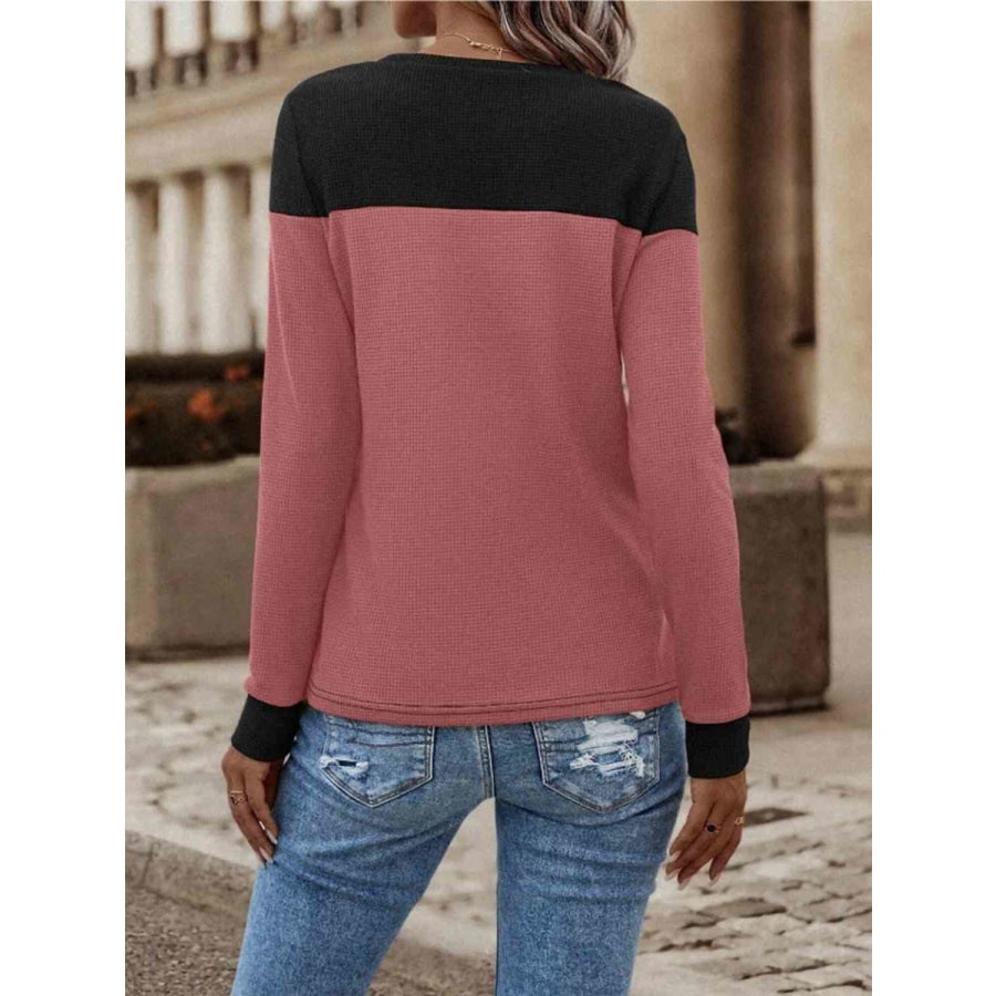 Contrast Buttoned Round Neck Long Sleeve T-Shirt