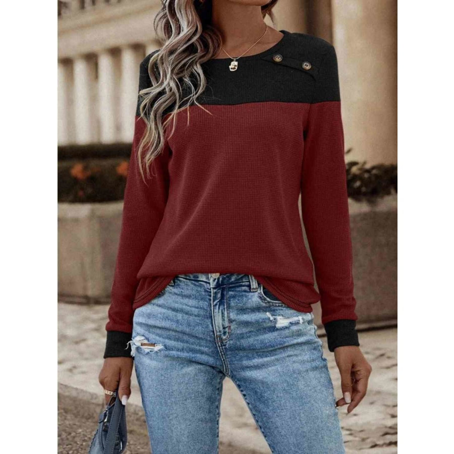 Contrast Buttoned Round Neck Long Sleeve T-Shirt Wine / S