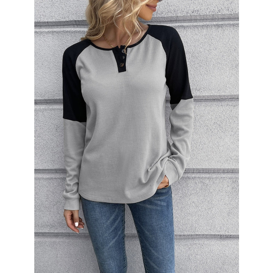 Contrast Buttoned Round Neck Raglan Sleeve Top Light Gray / S