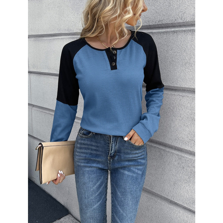 Contrast Buttoned Round Neck Raglan Sleeve Top Sky Blue / S