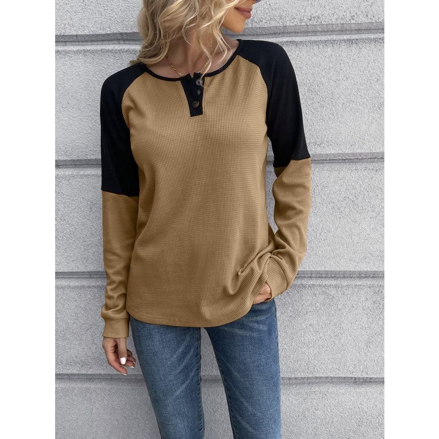 Contrast Buttoned Round Neck Raglan Sleeve Top Tan / S