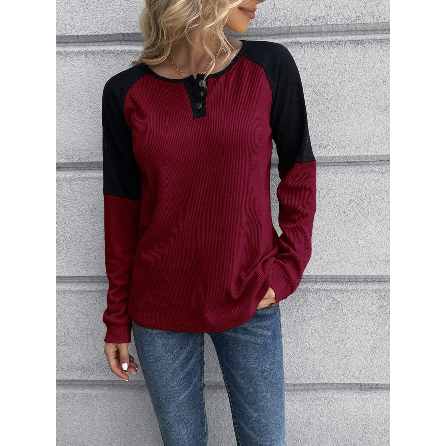 Contrast Buttoned Round Neck Raglan Sleeve Top