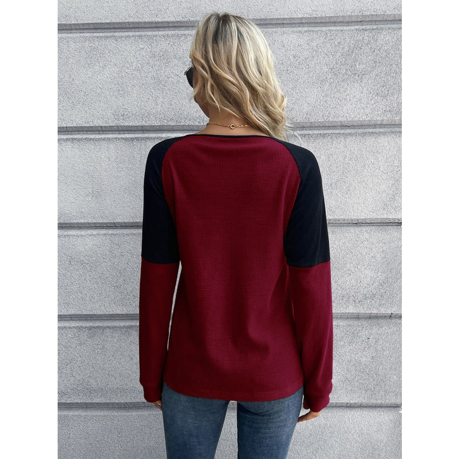 Contrast Buttoned Round Neck Raglan Sleeve Top