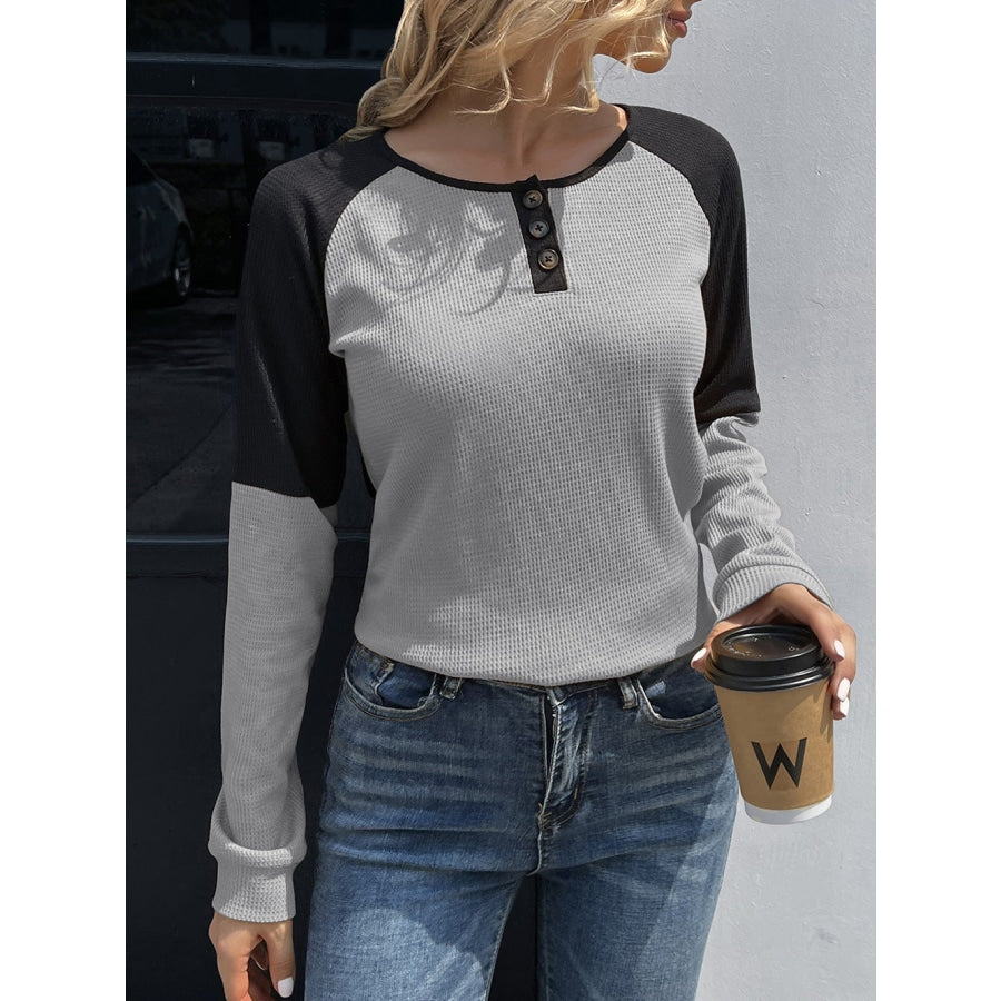 Contrast Buttoned Round Neck Raglan Sleeve Top