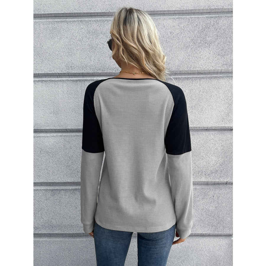 Contrast Buttoned Round Neck Raglan Sleeve Top