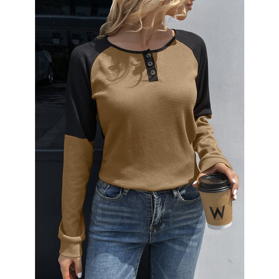 Contrast Buttoned Round Neck Raglan Sleeve Top