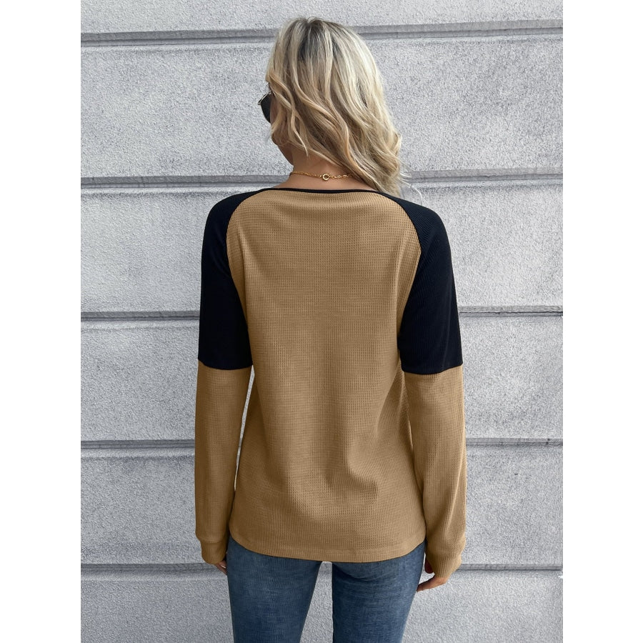 Contrast Buttoned Round Neck Raglan Sleeve Top