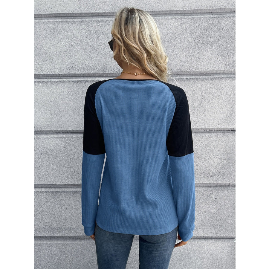 Contrast Buttoned Round Neck Raglan Sleeve Top