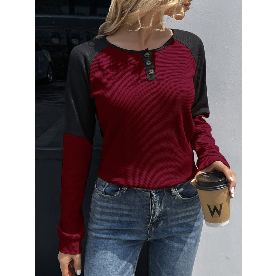 Contrast Buttoned Round Neck Raglan Sleeve Top Wine / S