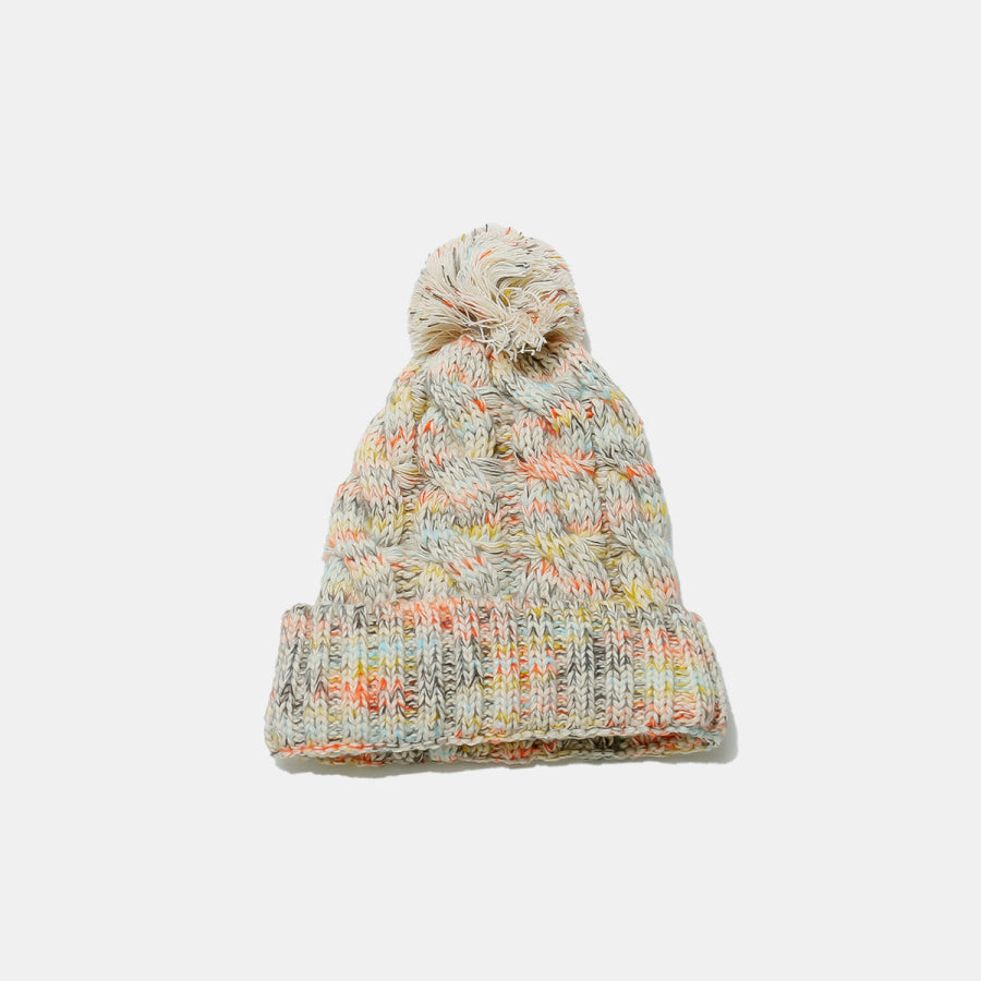 Contrast Cable-Knit Hat with Pompom Beige / One Size Apparel and Accessories