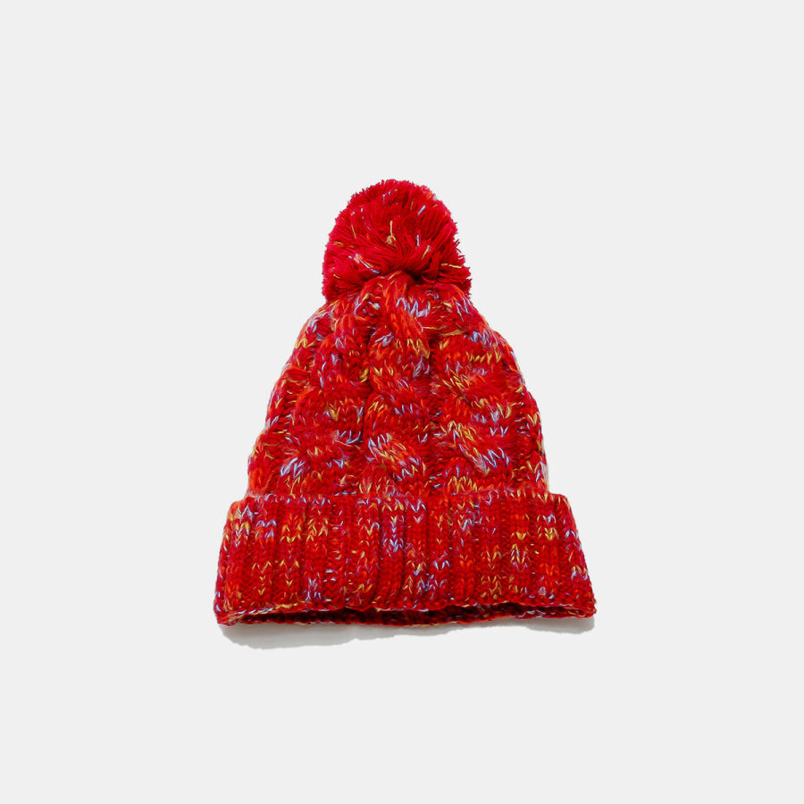 Contrast Cable-Knit Hat with Pompom Deep Red / One Size Apparel and Accessories