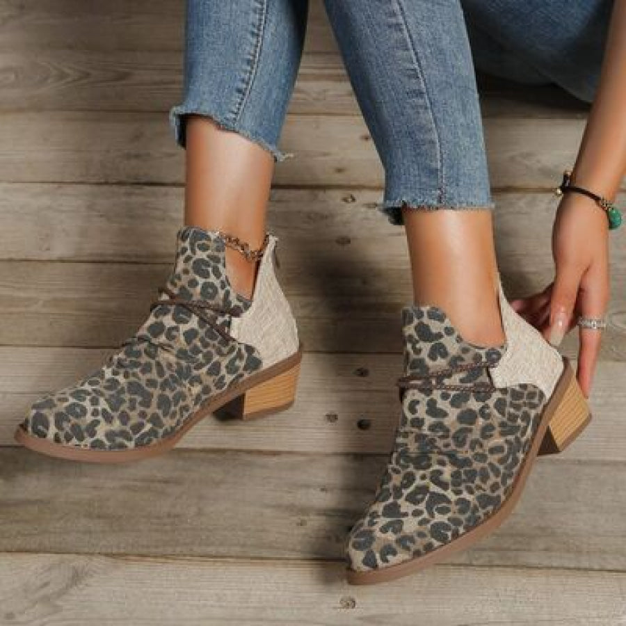 Contrast Canvas Low Heel Boots Leopard / 35(US4) Apparel and Accessories