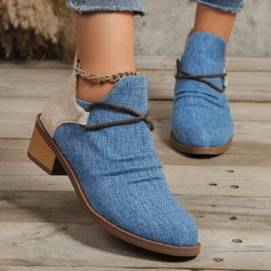 Contrast Canvas Low Heel Boots Azure / 35(US4) Apparel and Accessories