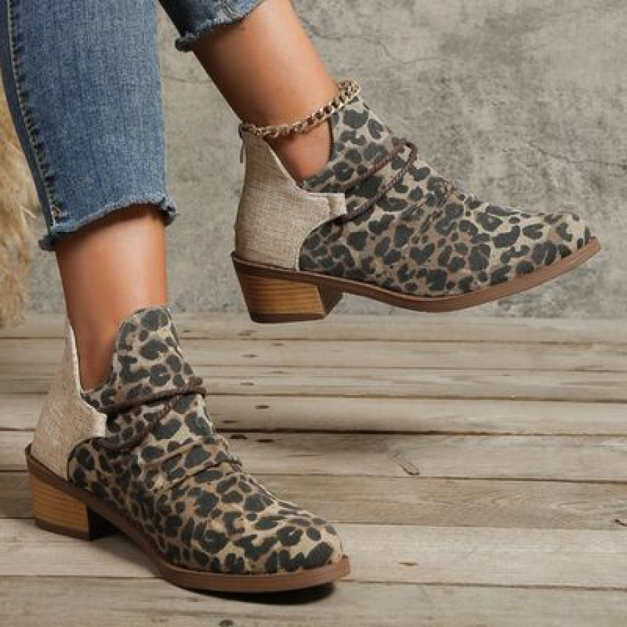 Contrast Canvas Low Heel Boots Leopard / 35(US4) Apparel and Accessories