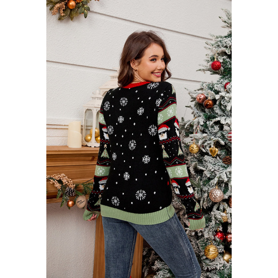 Contrast Christmas Pattern Round Neck Sweater Apparel and Accessories