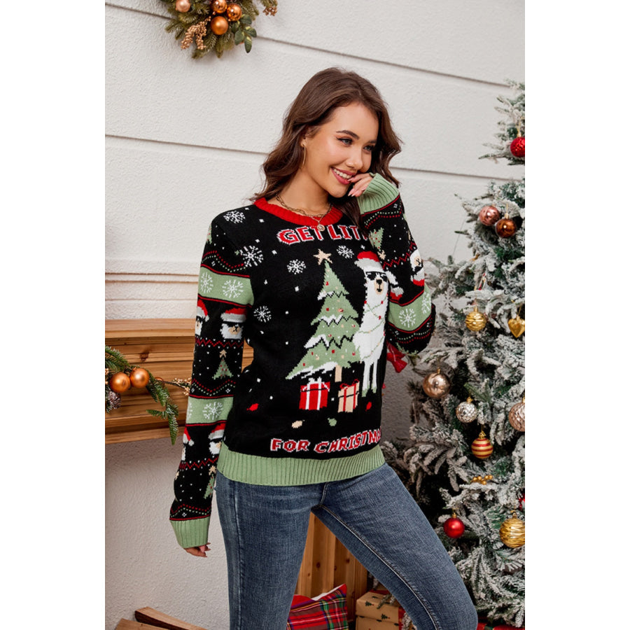 Contrast Christmas Pattern Round Neck Sweater Apparel and Accessories