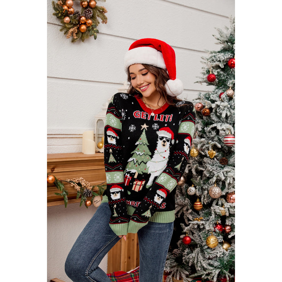 Contrast Christmas Pattern Round Neck Sweater Apparel and Accessories