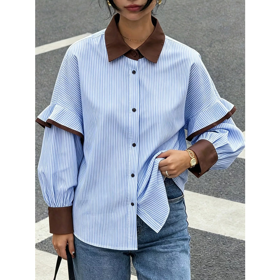 Contrast Collar and Cuff Striped Shirt Blue / S Apparel Accessories