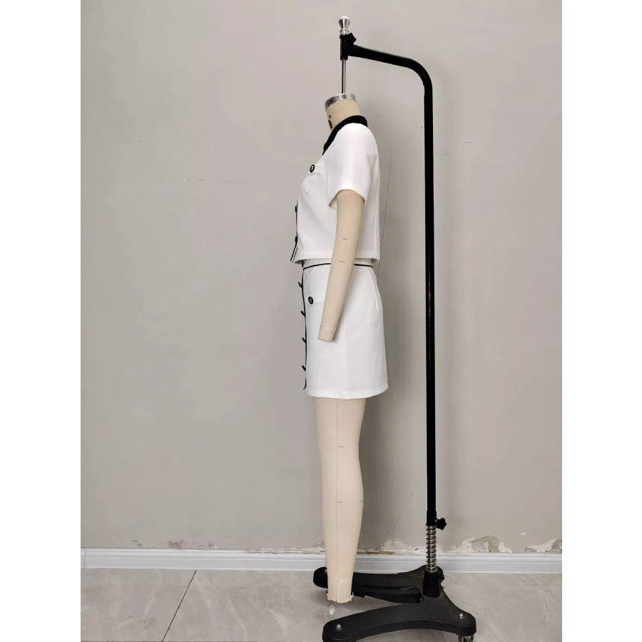 Contrast Collar Cropped Top and Mini Skirt Set Apparel Accessories