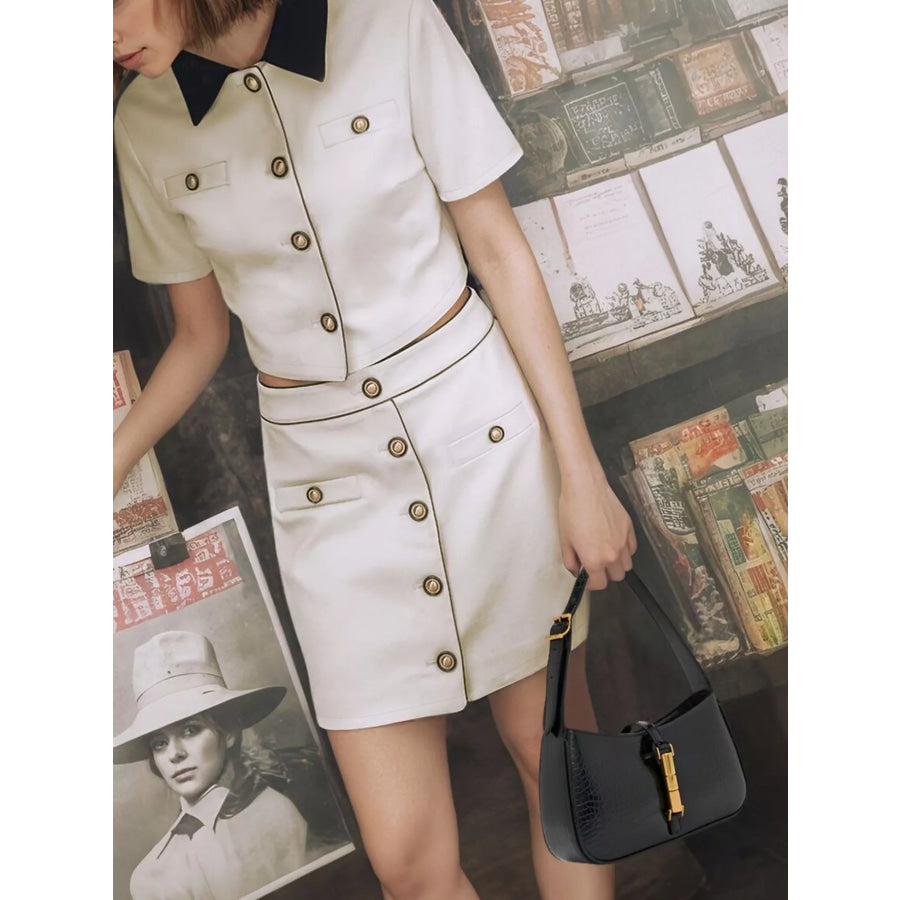 Contrast Collar Cropped Top and Mini Skirt Set Apparel Accessories