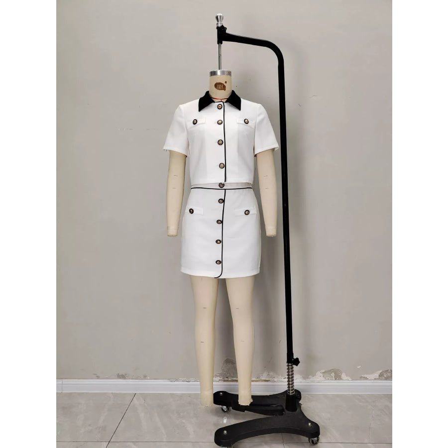 Contrast Collar Cropped Top and Mini Skirt Set Apparel Accessories