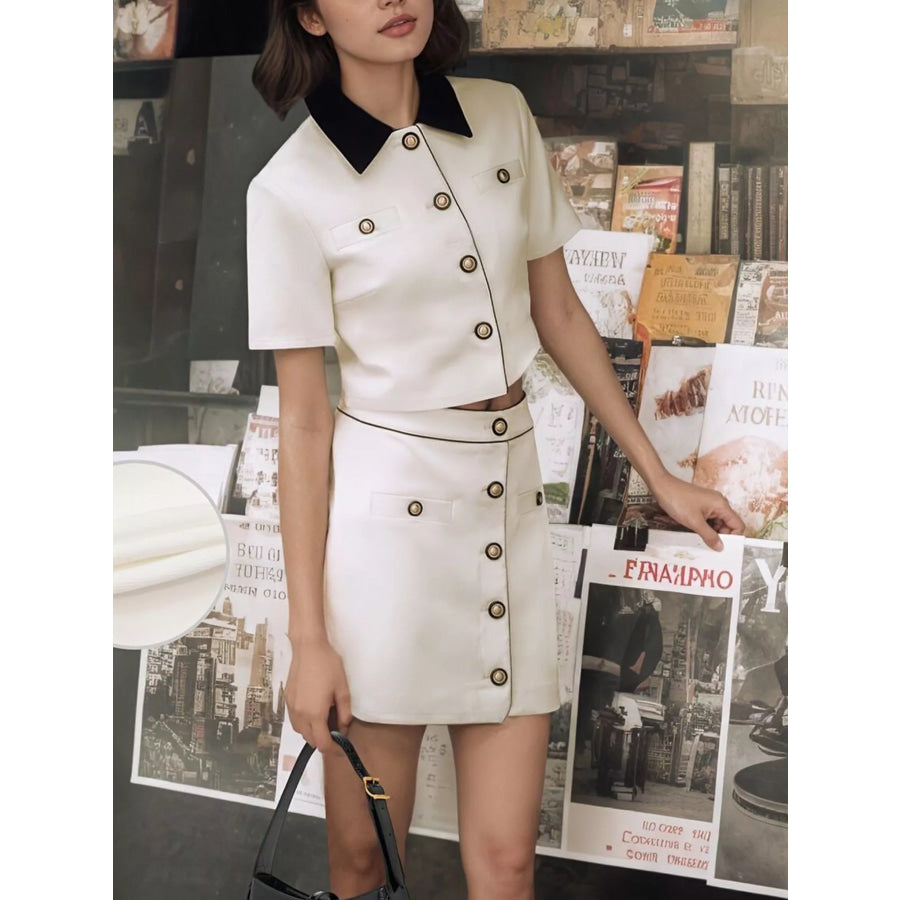 Contrast Collar Cropped Top and Mini Skirt Set White / S Apparel Accessories