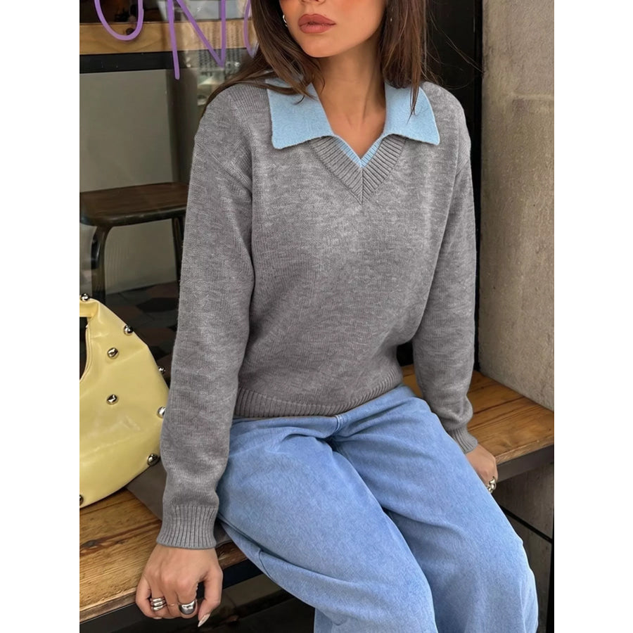 Contrast Collar Dropped Shoulder Sweater Apparel and Accessories
