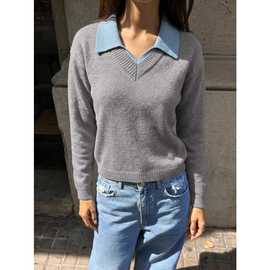 Contrast Collar Dropped Shoulder Sweater Apparel and Accessories